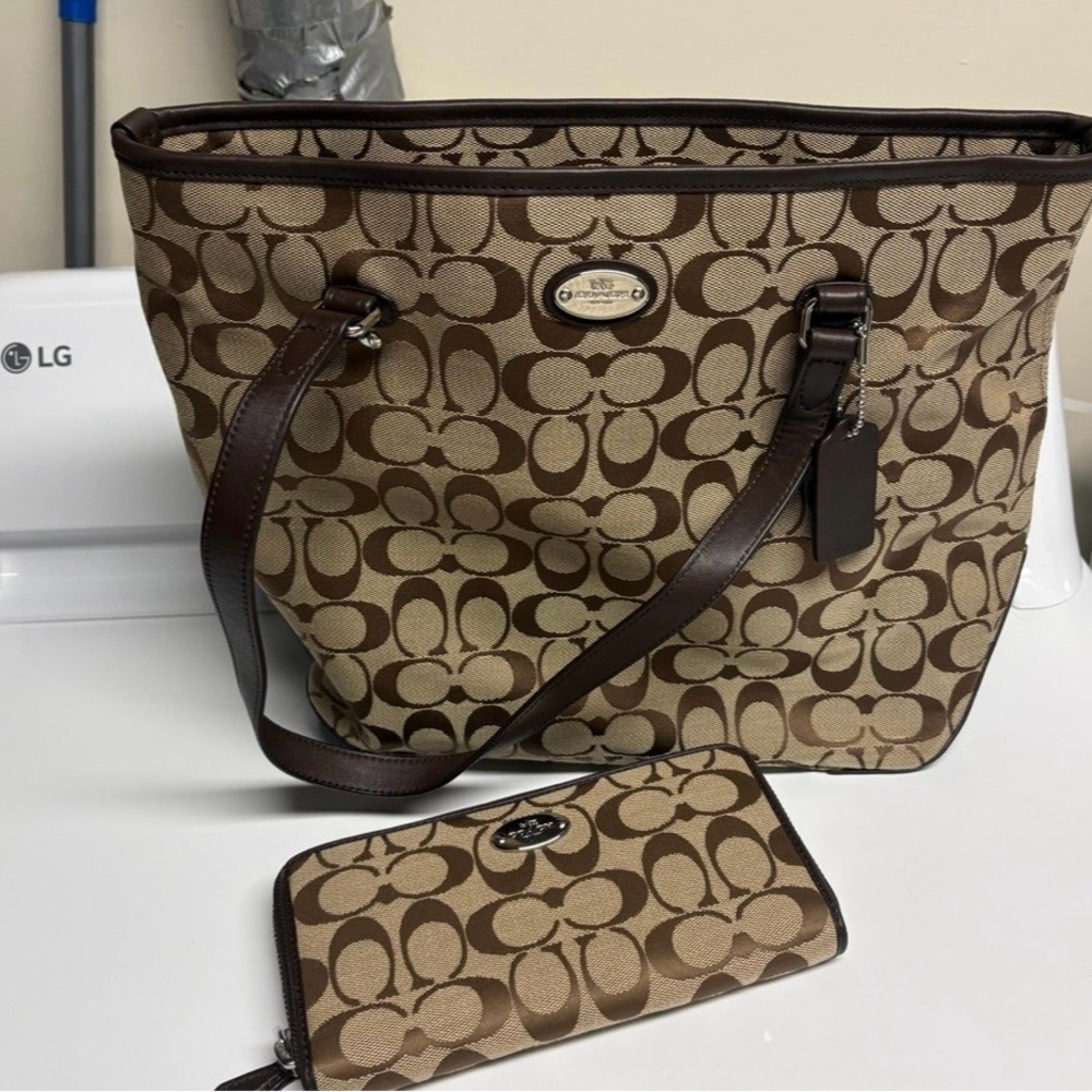 Coach Brown and Tan Signature Shoulder Bag with Wallet